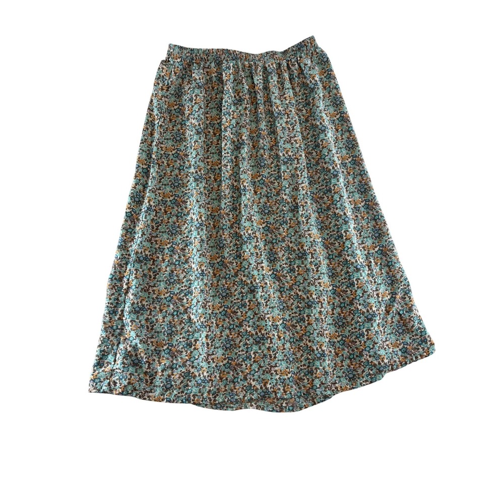 Blair Blue Teal Floral Elastic Waist Midi Skirt Womens Cottagecore Grandma Core